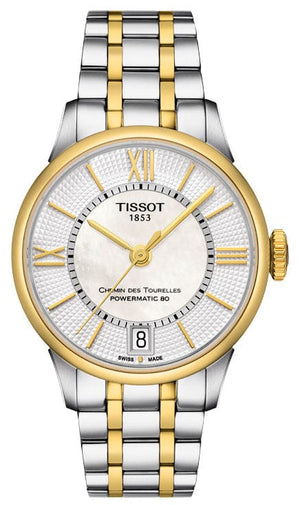 Tissot Chemin Des Tourelles Powermatic 80 Lady Mother of Pearl White Dial Two Tone Steel Strap Watch For Women - T099.207.22.118.00