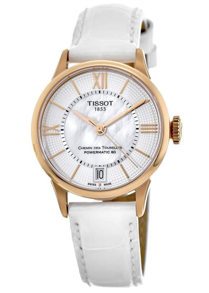 Tissot Chemin Des Tourelles Powermatic 80 Lady Silver Dial White Leather Strap Watch For Women - T099.207.36.118.00