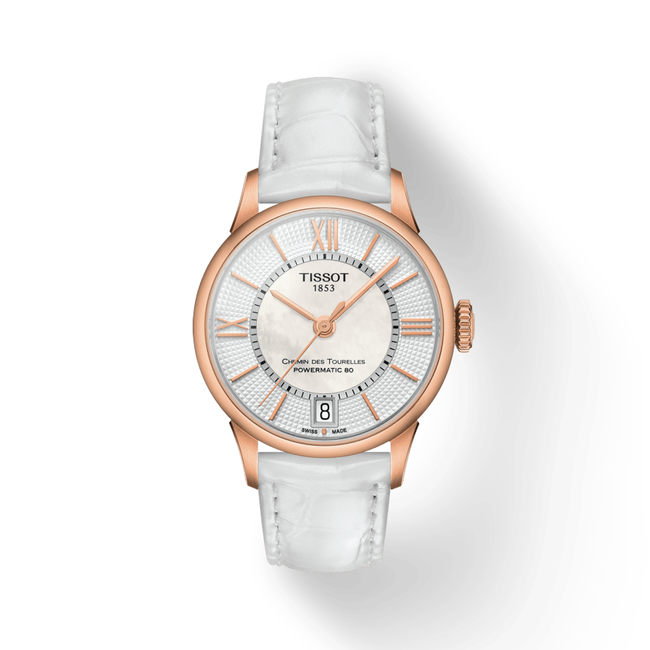 Tissot Chemin Des Tourelles Powermatic 80 Lady Silver Dial White Leather Strap Watch For Women - T099.207.36.118.00