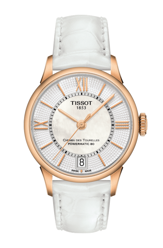 Tissot Chemin Des Tourelles Powermatic 80 Lady Silver Dial White Leather Strap Watch For Women - T099.207.36.118.00