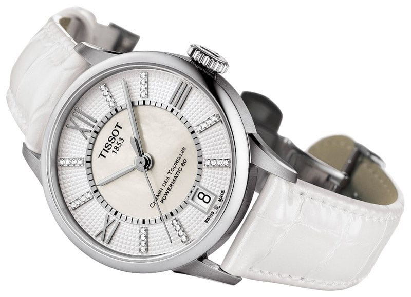 Tissot Chemin Des Tourelles Powermatic 80 Lady White Dial White Leather Strap Watch For Women - T099.207.16.116.00