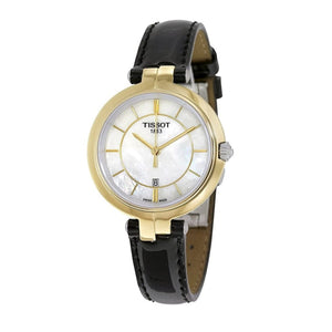 Tissot Flamingo Mother of Pearl White Dial Black Leather Strap Watch For Women - T094.210.26.111.00
