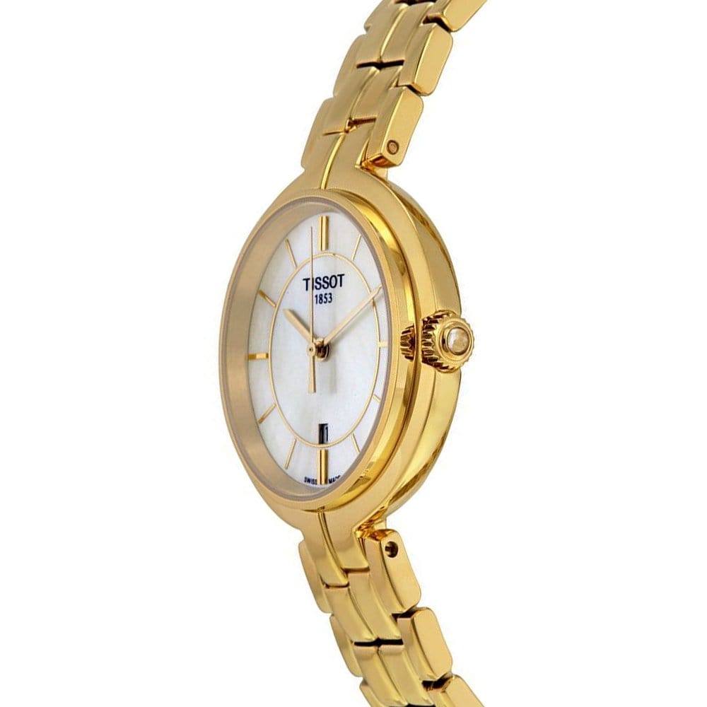 Tissot Flamingo Mother of Pearl White Dial Gold Steel Strap Watch For Women - T094.210.33.111.00