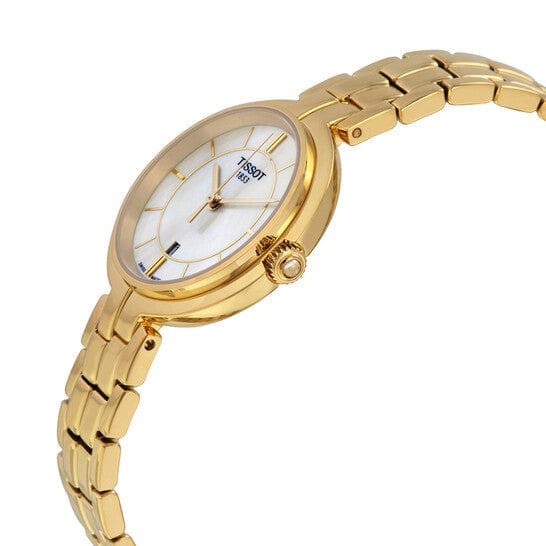 Tissot Flamingo Mother of Pearl White Dial Gold Steel Strap Watch For Women - T094.210.33.111.00