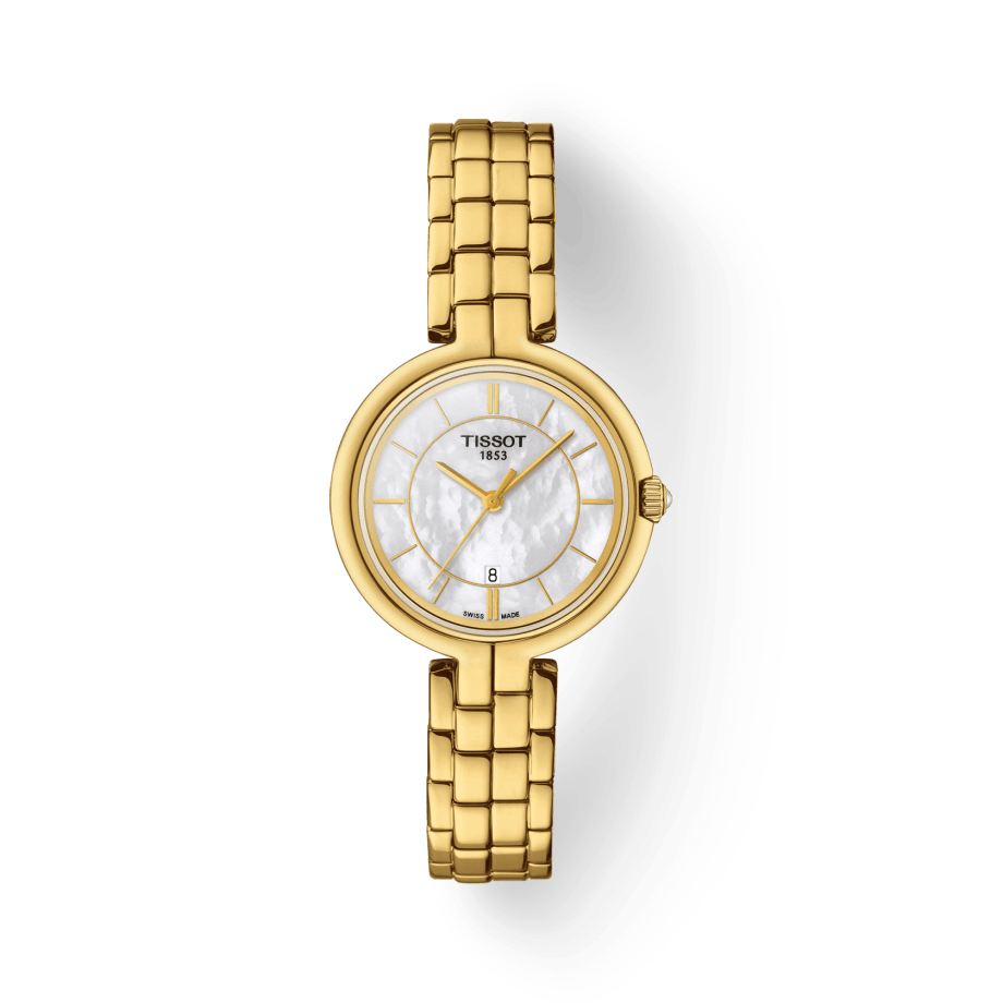 Tissot Flamingo Mother of Pearl White Dial Gold Steel Strap Watch For Women - T094.210.33.111.00