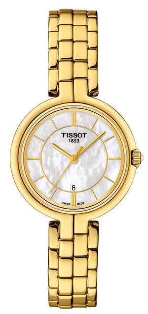 Tissot Flamingo Mother of Pearl White Dial Gold Steel Strap Watch For Women - T094.210.33.111.00