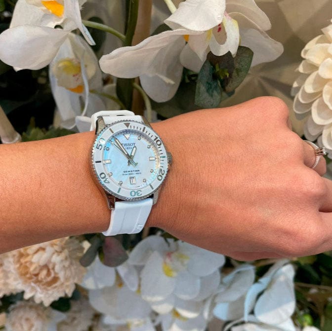 Tissot Seastar 1000 Mother of Pearl White Dial White Rubber Strap Watch for Women - T120.210.17.116.00
