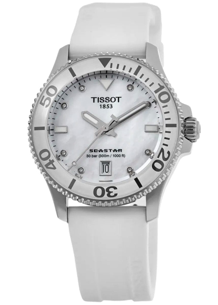 Tissot Seastar 1000 Mother of Pearl White Dial White Rubber Strap Watch for Women - T120.210.17.116.00