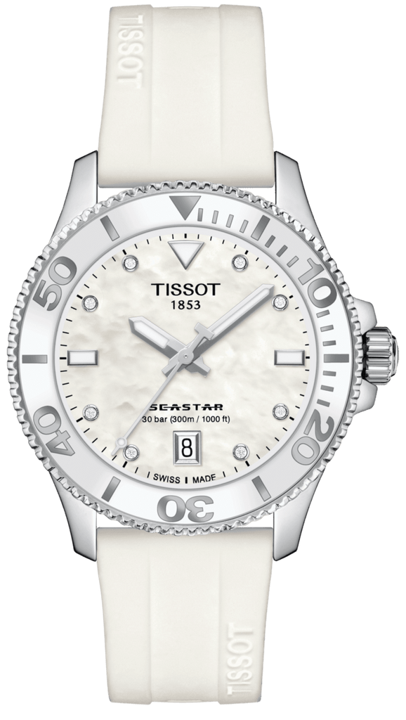 Tissot Seastar 1000 Mother of Pearl White Dial White Rubber Strap Watch for Women - T120.210.17.116.00