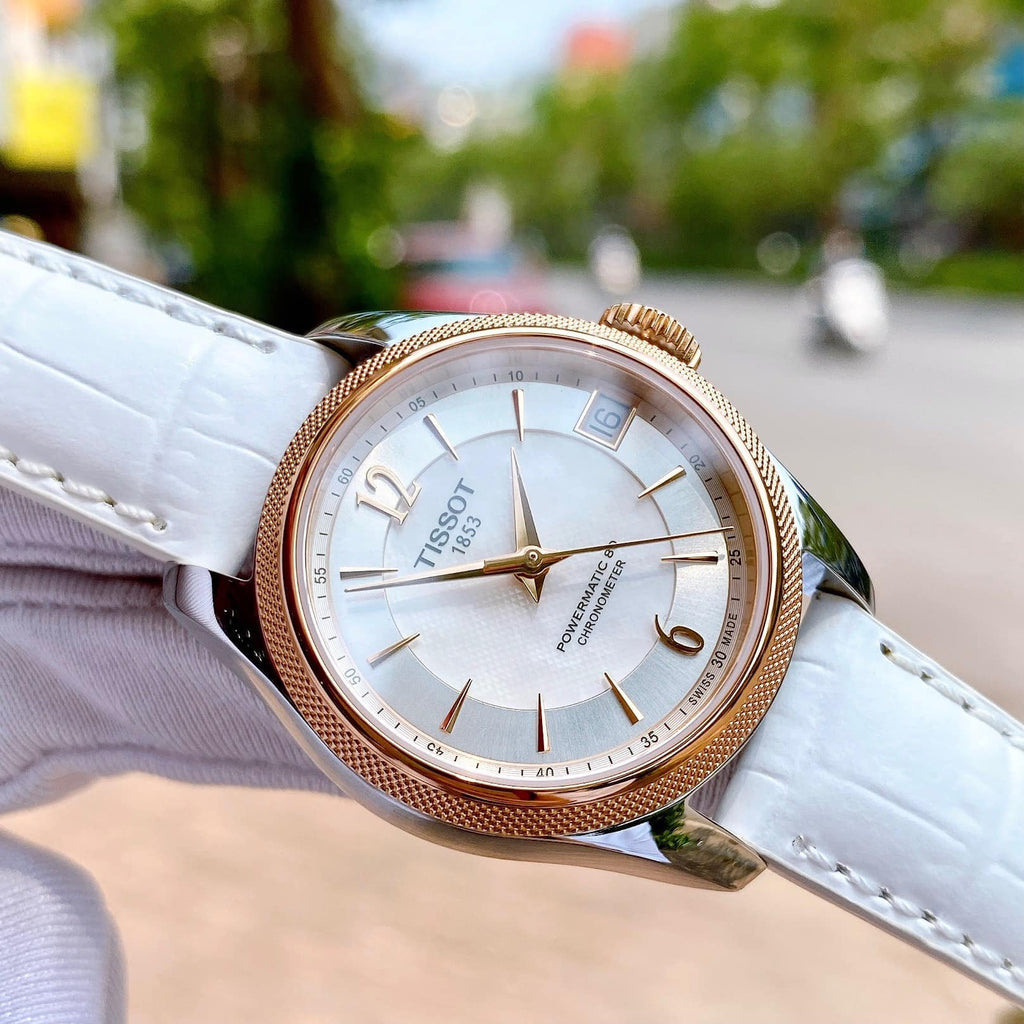 Tissot T-Classic Powermatic 80 Mother of Pearl Silver Dial White Leather Strap Watch For Women - T108.208.26.117.00