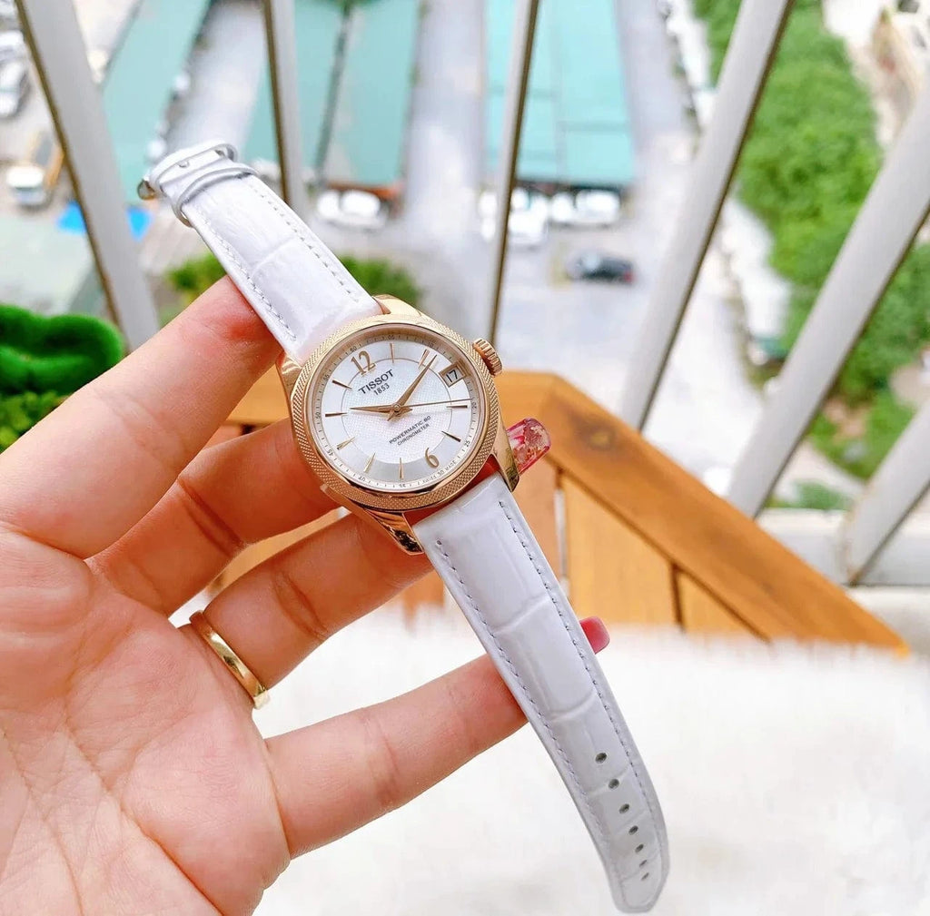 Tissot T-Classic Powermatic 80 Mother of Pearl Silver Dial White Leather Strap Watch For Women - T108.208.26.117.00