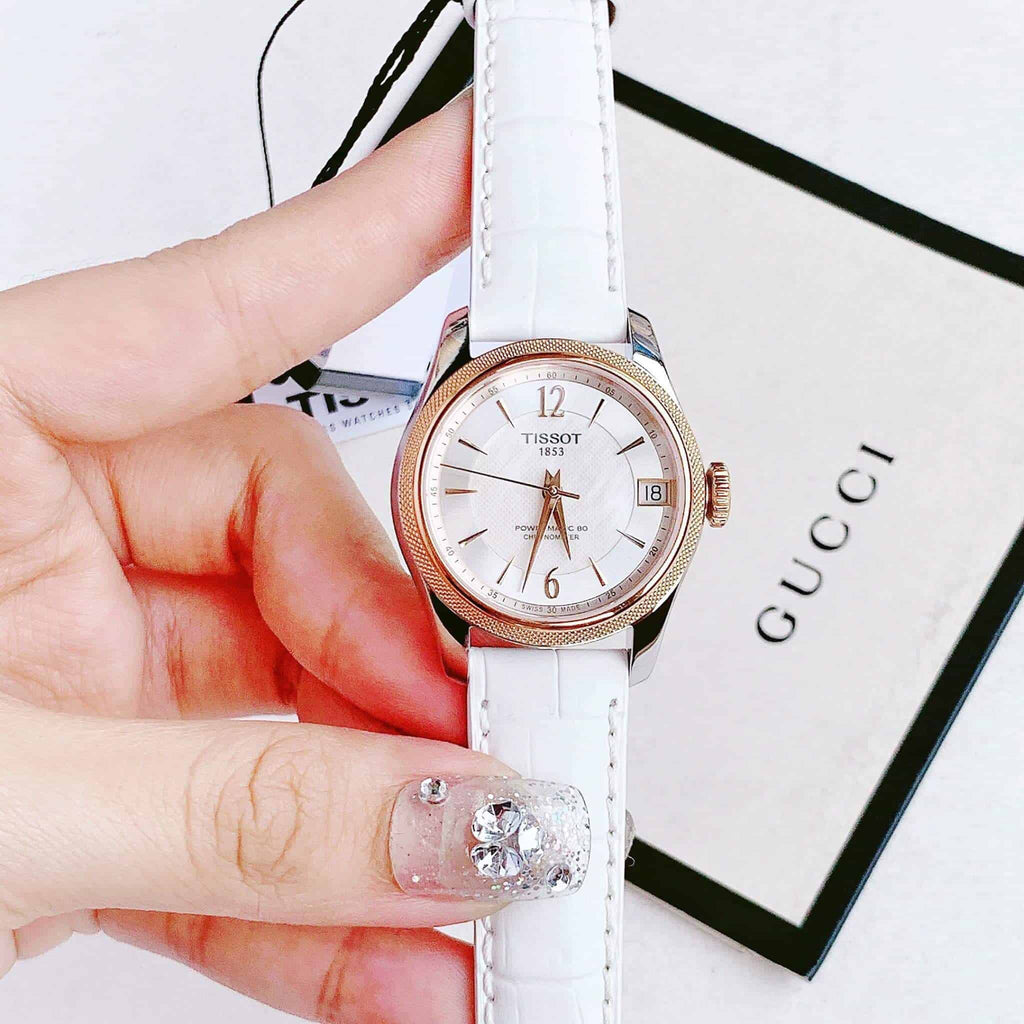 Tissot T-Classic Powermatic 80 Mother of Pearl Silver Dial White Leather Strap Watch For Women - T108.208.26.117.00