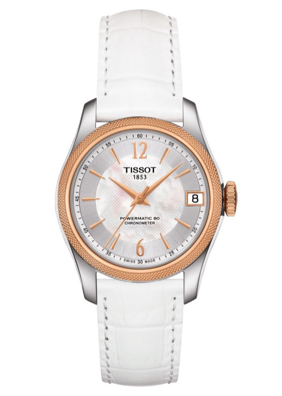 Tissot T-Classic Powermatic 80 Mother of Pearl Silver Dial White Leather Strap Watch For Women - T108.208.26.117.00