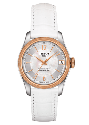 Tissot T-Classic Powermatic 80 Mother of Pearl Silver Dial White Leather Strap Watch For Women - T108.208.26.117.00