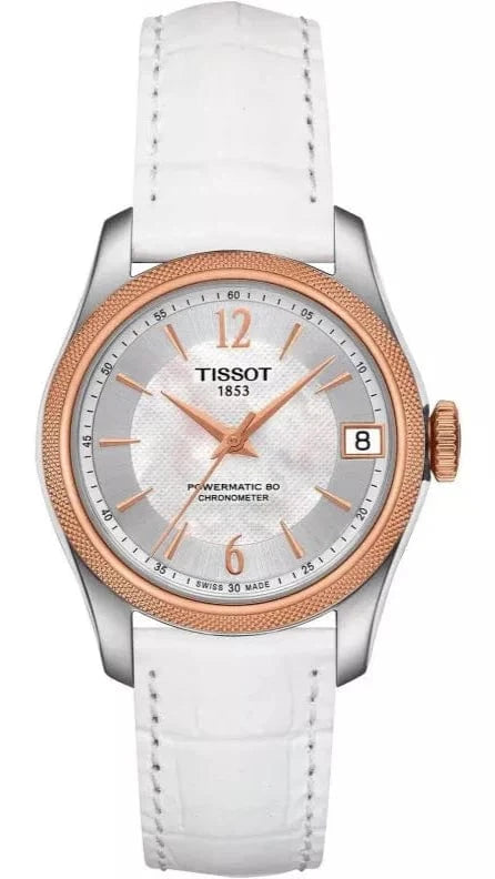Tissot T-Classic Powermatic 80 Mother of Pearl Silver Dial White Leather Strap Watch For Women - T108.208.26.117.00