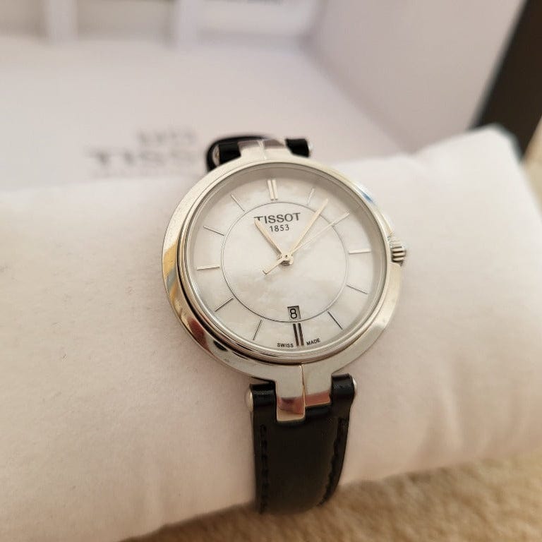 Tissot T Lady Flamingo Mother of Pearl White Dial Black Leather Strap Watch for Women - T094.210.16.111.00