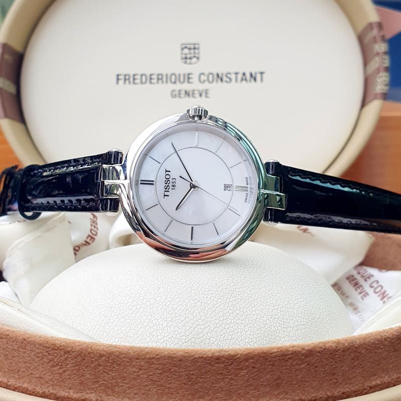 Tissot T Lady Flamingo Mother of Pearl White Dial Black Leather Strap Watch for Women - T094.210.16.111.00