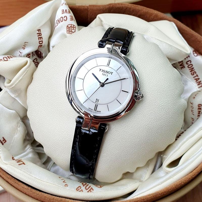 Tissot T Lady Flamingo Mother of Pearl White Dial Black Leather Strap Watch for Women - T094.210.16.111.00