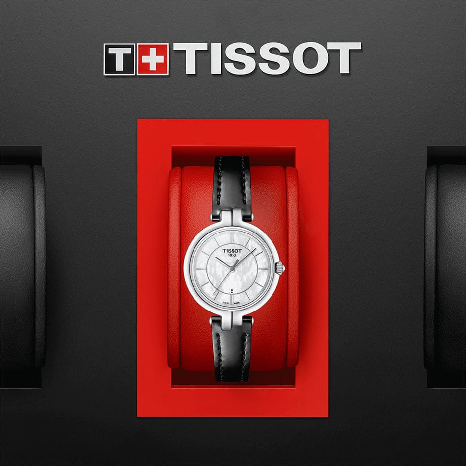 Tissot T Lady Flamingo Mother of Pearl White Dial Black Leather Strap Watch for Women - T094.210.16.111.00
