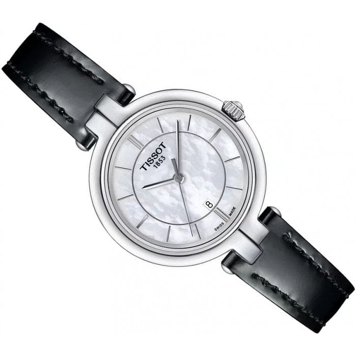 Tissot T Lady Flamingo Mother of Pearl White Dial Black Leather Strap Watch for Women - T094.210.16.111.00
