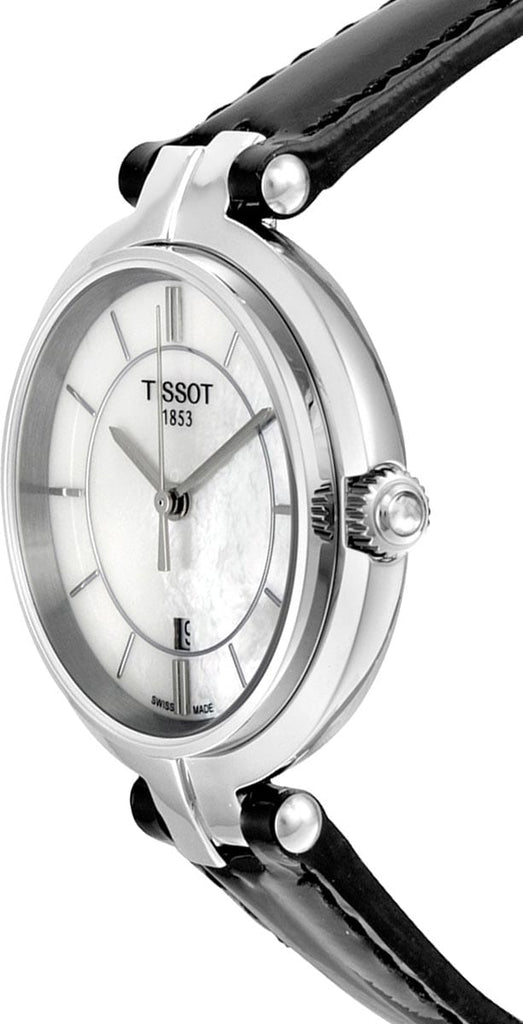 Tissot T Lady Flamingo Mother of Pearl White Dial Black Leather Strap Watch for Women - T094.210.16.111.00