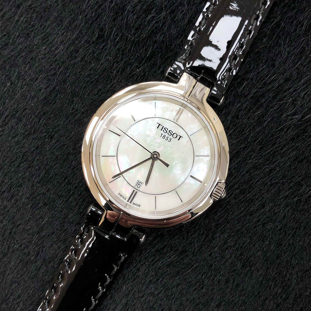 Tissot T Lady Flamingo Mother of Pearl White Dial Black Leather Strap Watch for Women - T094.210.16.111.00