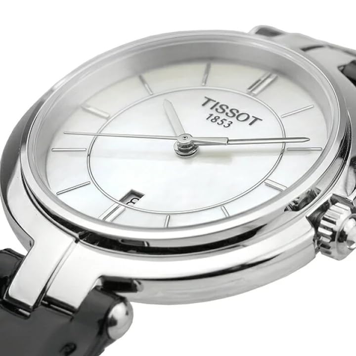 Tissot T Lady Flamingo Mother of Pearl White Dial Black Leather Strap Watch for Women - T094.210.16.111.00