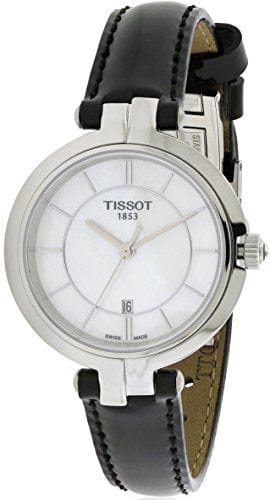Tissot T Lady Flamingo Mother of Pearl White Dial Black Leather Strap Watch for Women - T094.210.16.111.00
