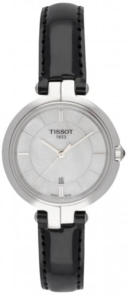 Tissot T Lady Flamingo Mother of Pearl White Dial Black Leather Strap Watch for Women - T094.210.16.111.00