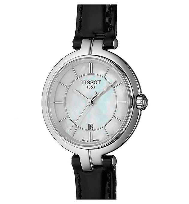 Tissot T Lady Flamingo Mother of Pearl White Dial Black Leather Strap Watch for Women - T094.210.16.111.00