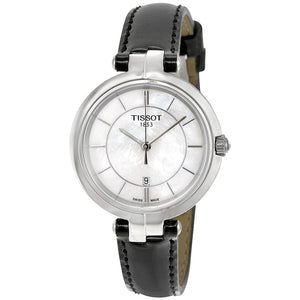 Tissot T Lady Flamingo Mother of Pearl White Dial Black Leather Strap Watch for Women - T094.210.16.111.00