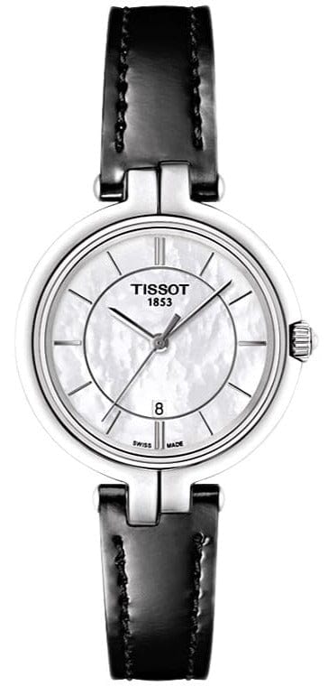 Tissot T Lady Flamingo Mother of Pearl White Dial Black Leather Strap Watch for Women - T094.210.16.111.00
