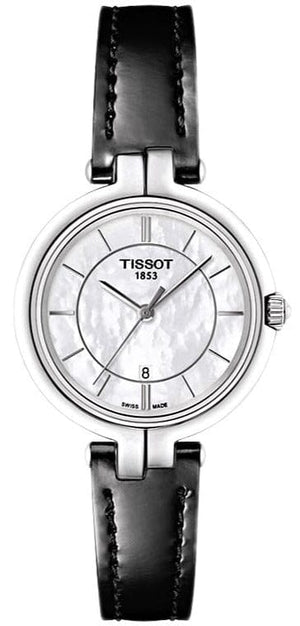 Tissot T Lady Flamingo Mother of Pearl White Dial Black Leather Strap Watch for Women - T094.210.16.111.00