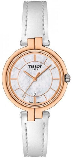 Tissot T Lady Flamingo Mother of Pearl White Dial White Leather Strap Watch For Women - T094.210.26.111.01