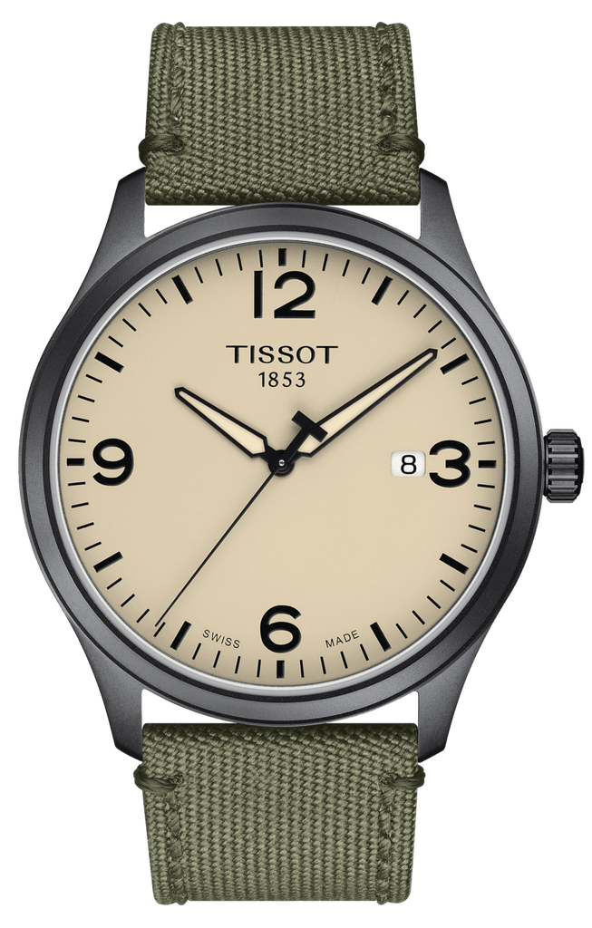 Tissot T Sport Chrono XL Beige Dial Khakhi Green Nylon Strap Watch for Men - T116.617.33.267.00