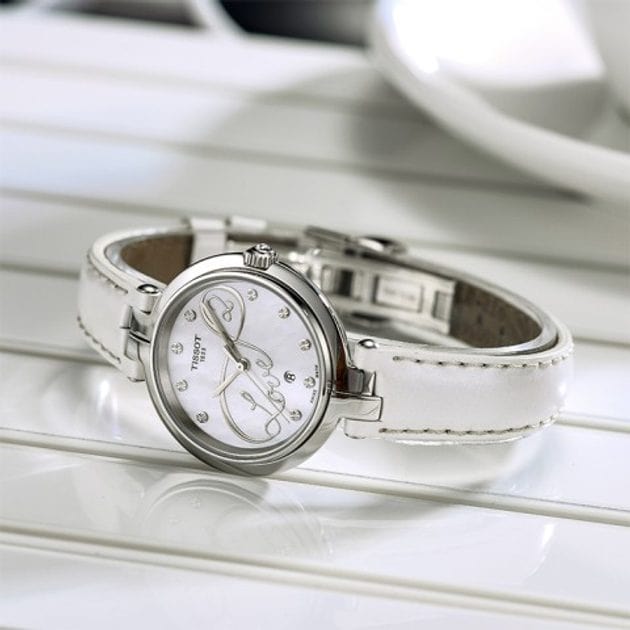 Tissot T Trend Flamingo Valentines Mother of Pearl White Dial White Leather Strap Watch For Women - T094.210.16.111.01