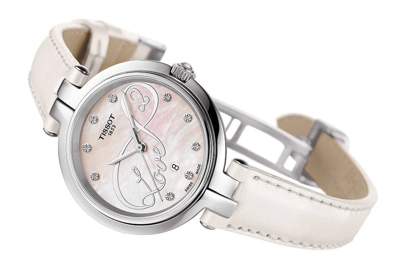 Tissot T Trend Flamingo Valentines Mother of Pearl White Dial White Leather Strap Watch For Women - T094.210.16.111.01