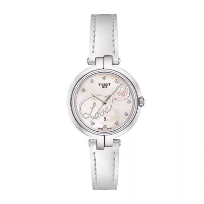 Tissot T Trend Flamingo Valentines Mother of Pearl White Dial White Leather Strap Watch For Women - T094.210.16.111.01