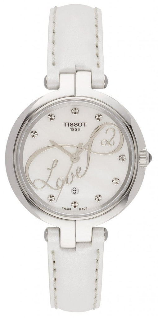 Tissot T Trend Flamingo Valentines Mother of Pearl White Dial White Leather Strap Watch For Women - T094.210.16.111.01