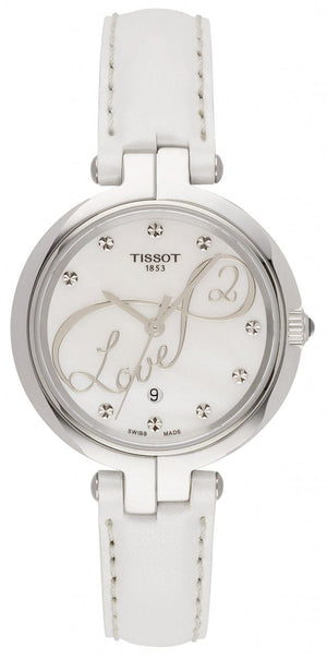 Tissot T Trend Flamingo Valentines Mother of Pearl White Dial White Leather Strap Watch For Women - T094.210.16.111.01
