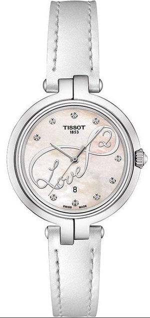 Tissot T Trend Flamingo Valentines Mother of Pearl White Dial White Leather Strap Watch For Women - T094.210.16.111.01