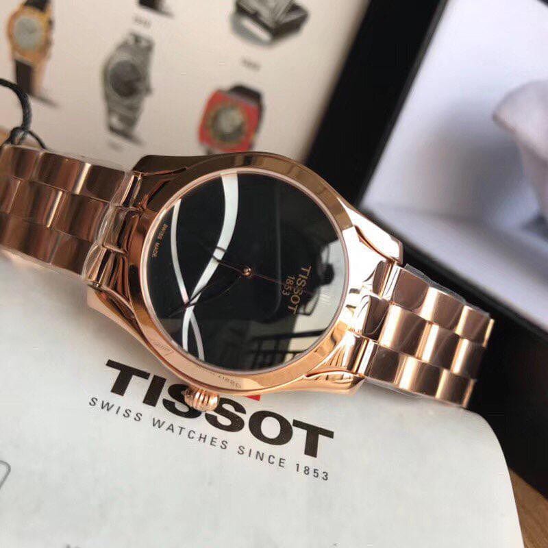 Tissot T Wave Black Dial Rose Gold Steel Strap Watch For Women - T112.210.33.051.00