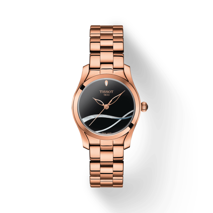 Tissot T Wave Black Dial Rose Gold Steel Strap Watch For Women - T112.210.33.051.00