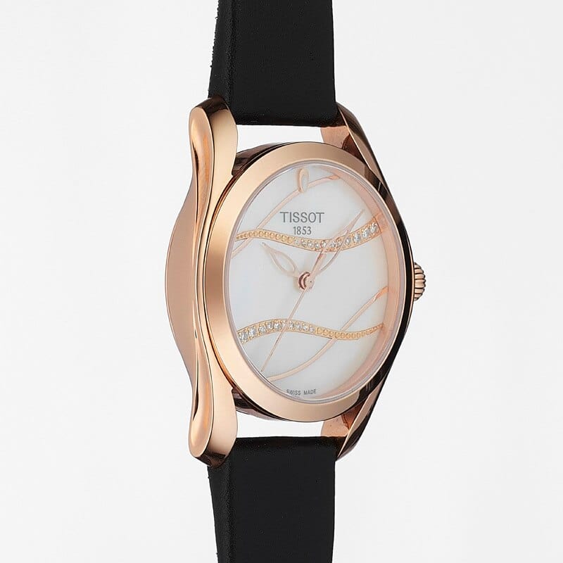 Tissot T Wave Diamond Mother of Pearl Dial Black Leather Strap Watch For Women - T112.210.36.111.00