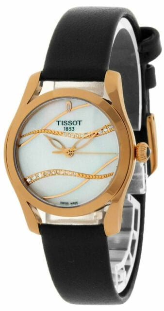 Tissot T Wave Diamond Mother of Pearl Dial Black Leather Strap Watch For Women - T112.210.36.111.00