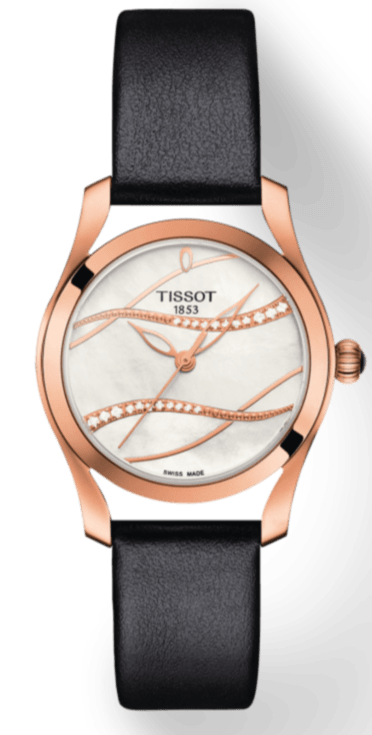 Tissot T Wave Diamond Mother of Pearl Dial Black Leather Strap Watch For Women - T112.210.36.111.00