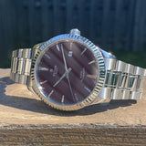 Tudor Style Automatic Burgundy Red Dial Silver Steel Strap Watch for Men - M12710-0015