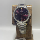 Tudor Style Automatic Burgundy Red Dial Silver Steel Strap Watch for Men - M12710-0015