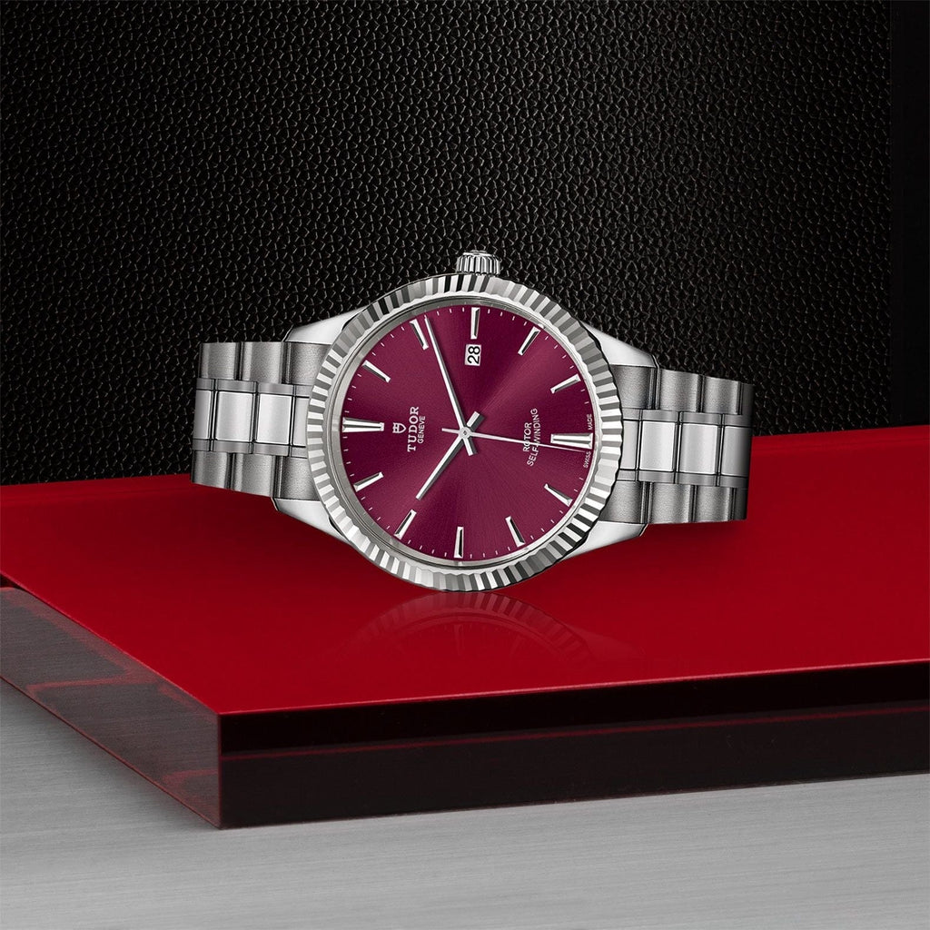Tudor Style Automatic Burgundy Red Dial Silver Steel Strap Watch for Men - M12710-0015