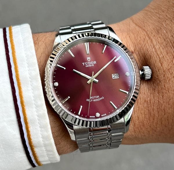 Tudor Style Automatic Burgundy Red Dial Silver Steel Strap Watch for Men - M12710-0015